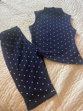 Navy Blue Polka Dot Two-Piece Set Capris Never Worn